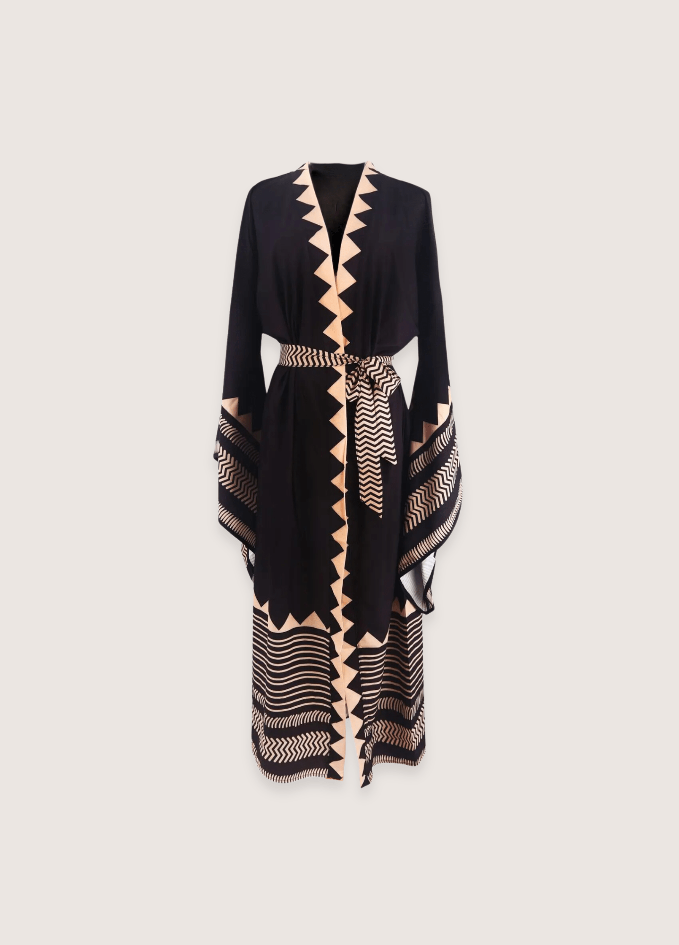 Kimono Long Femme en Polyester | Élégant Minimaliste Noir Beige avec Motifs Japonais 1