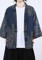 Kimono Patchwork Unisexe en Coton et Lin | Élégant Motifs Sashiko Bleu Outremer 0