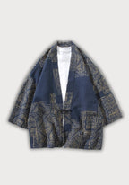 Kimono Patchwork Unisexe en Coton et Lin | Élégant Motifs Sashiko Bleu Outremer 1
