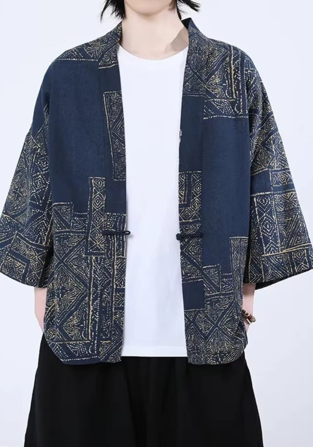 Kimono Unisexe Coton Lin Patchwork | Élégant Motif Géométrique Printemps Été 0