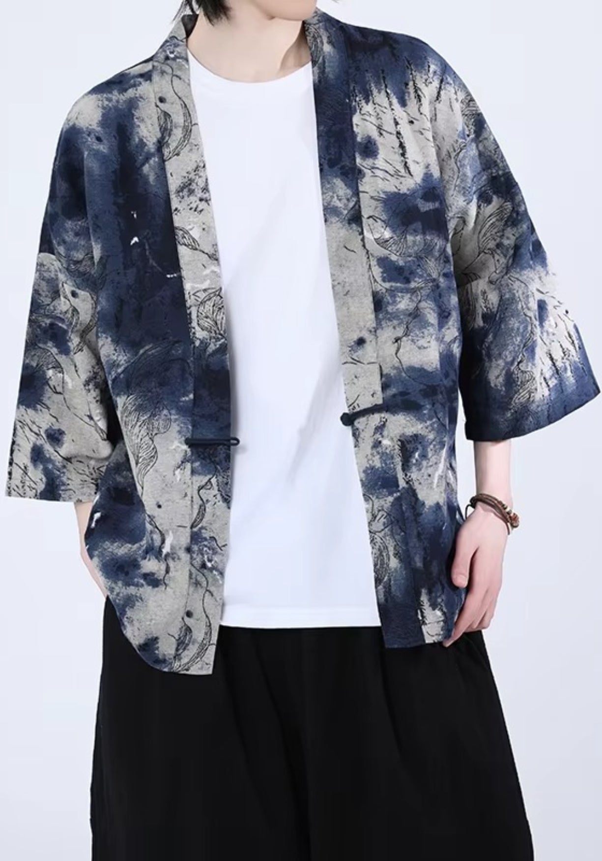 Kimono Unisexe Coton Lin | Élégant Court Indigo Patchwork Japonais 0