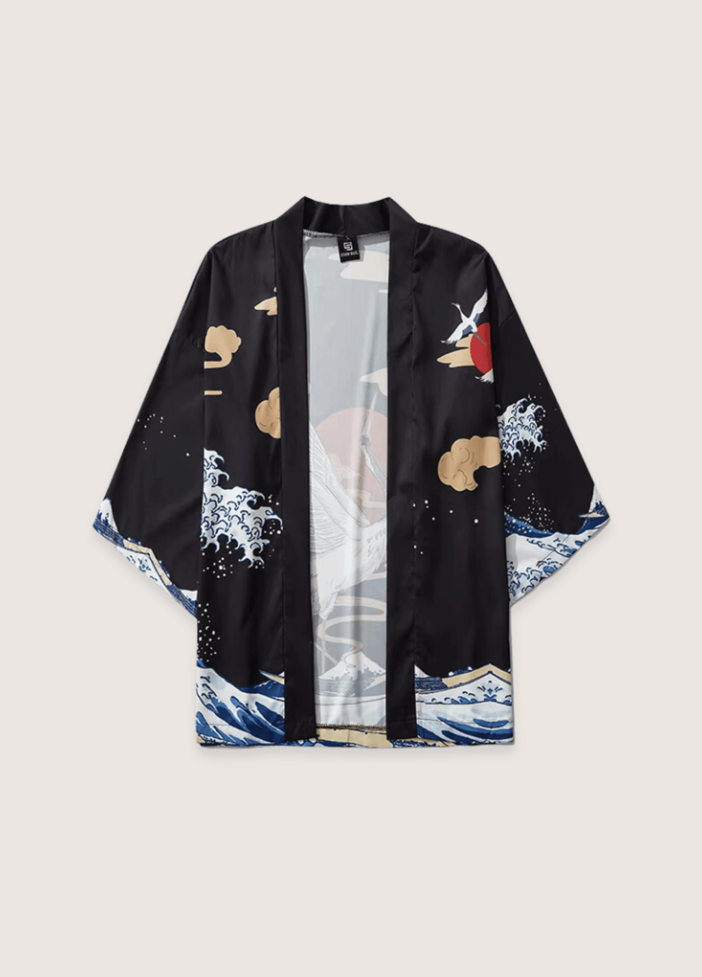 Kimono Unisexe Japonais en Polyester | Élégant Design Traditionnel avec Grue et Vagues 1