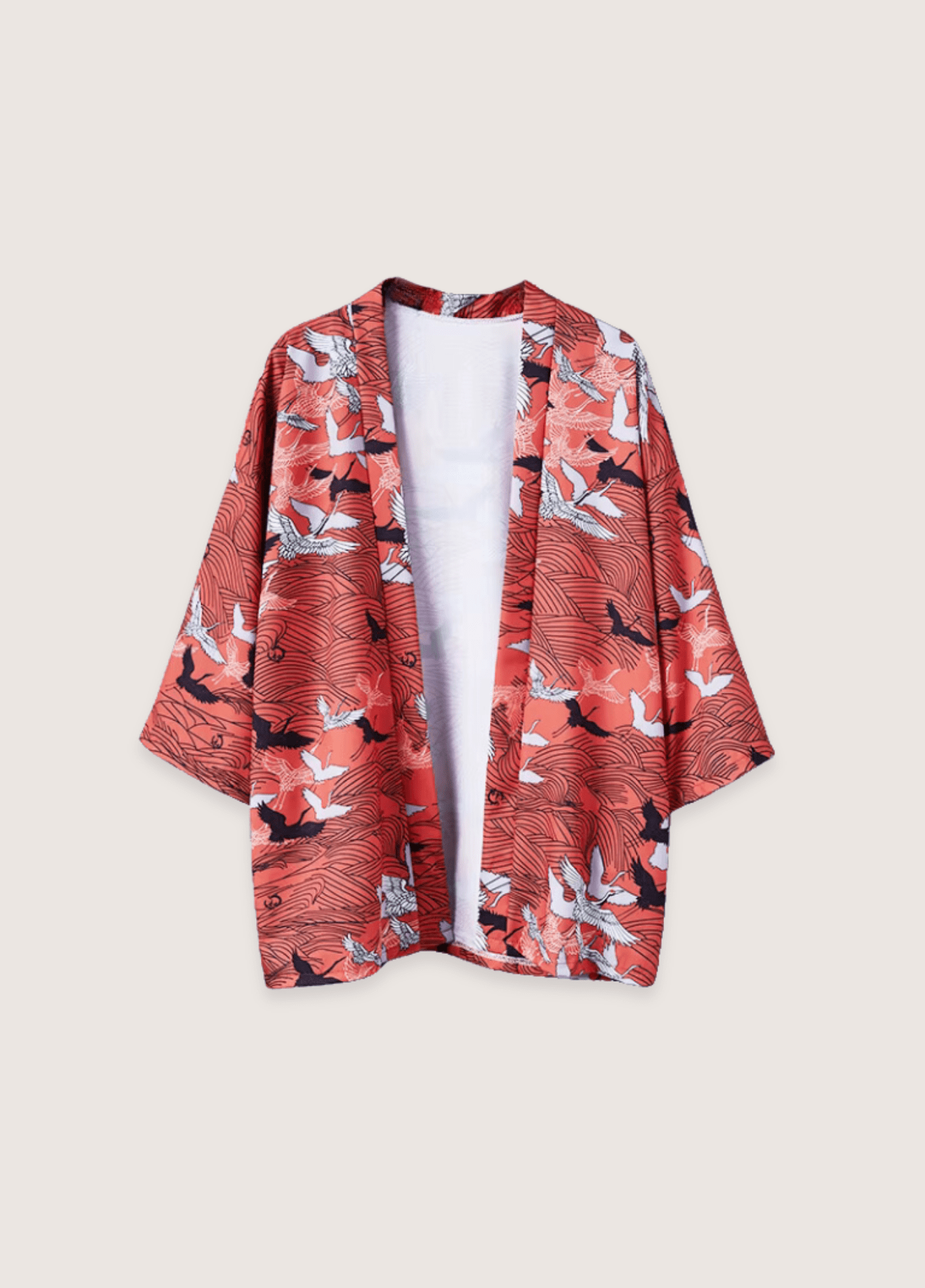 Kimono Unisexe Japonais en Polyester | Élégant Imprimé de Grues et Vagues | Style Minimaliste et Confortable 1