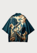 Kimono Unisexe Satiné Japonais | Élégant Motif Héron sur Fond Bleu Pétrole 0