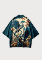 Kimono Unisexe Satiné Japonais | Élégant Motif Héron sur Fond Bleu Pétrole 0
