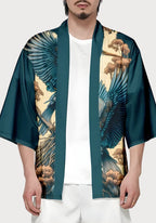 Kimono Unisexe Satiné Japonais | Élégant Motif Héron sur Fond Bleu Pétrole 2