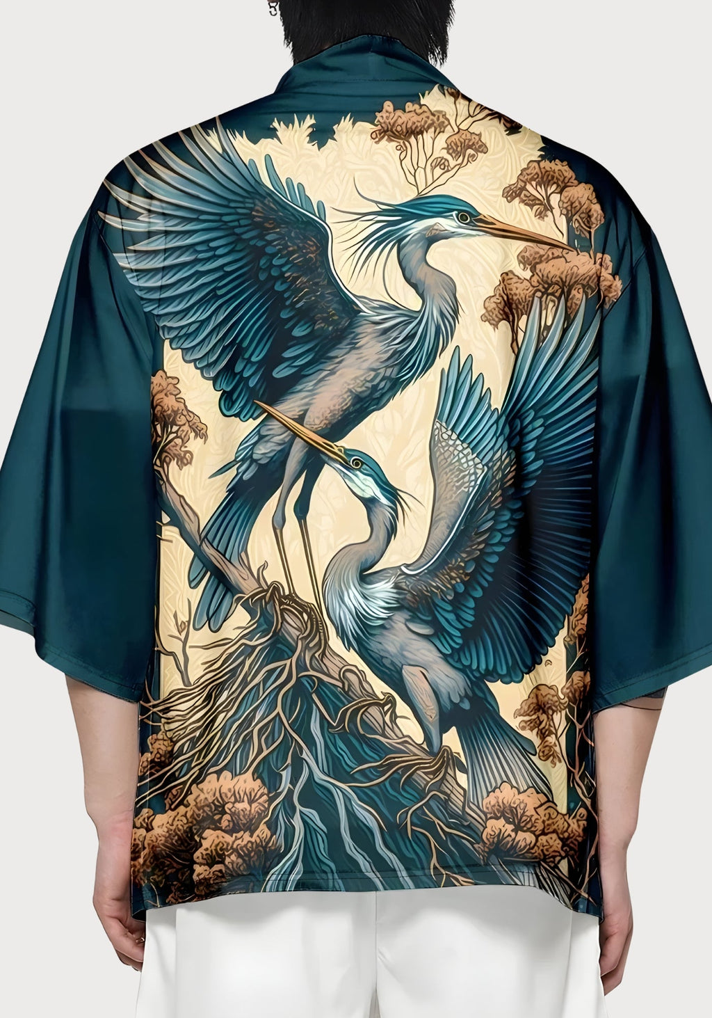 Kimono Unisexe Satiné Japonais | Élégant Motif Héron sur Fond Bleu Pétrole 3