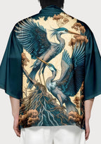 Kimono Unisexe Satiné Japonais | Élégant Motif Héron sur Fond Bleu Pétrole 3
