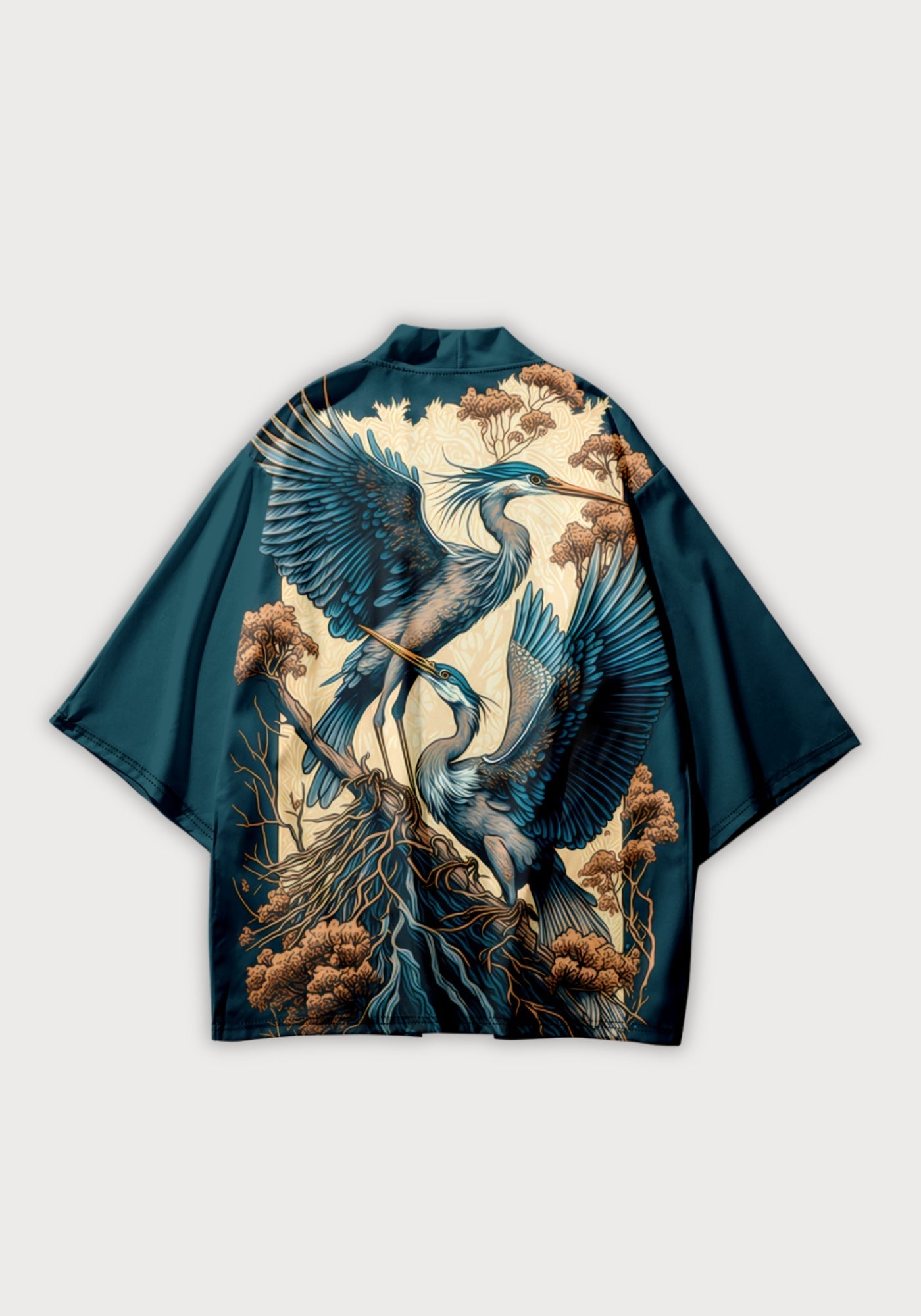 Kimono Unisexe Satiné | Élégant Motif Héron | Veste Légère Fluide 0