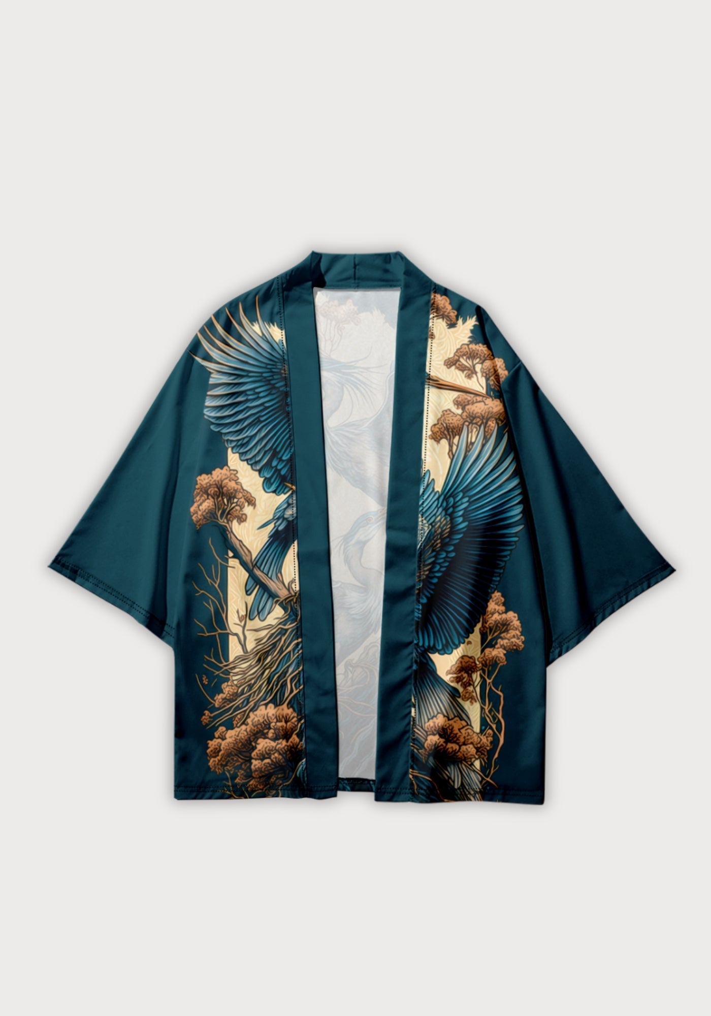 Kimono Unisexe Satiné | Élégant Motif Héron | Veste Légère Fluide 1