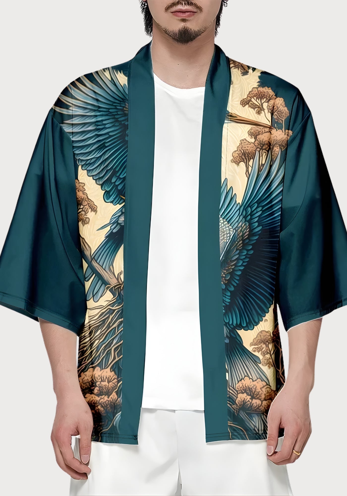Kimono Unisexe Satiné | Élégant Motif Héron | Veste Légère Fluide 2