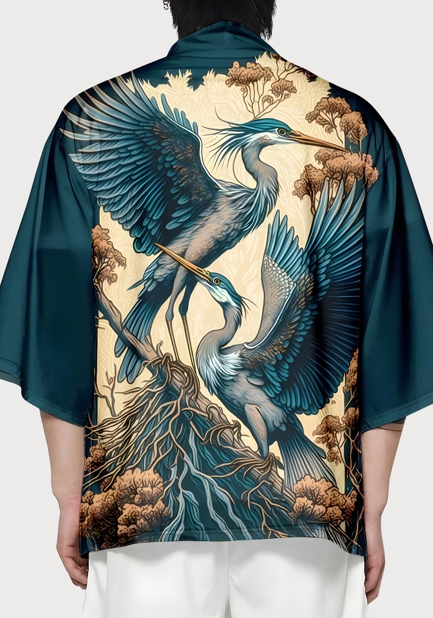 Kimono Unisexe Satiné | Élégant Motif Héron | Veste Légère Fluide 3