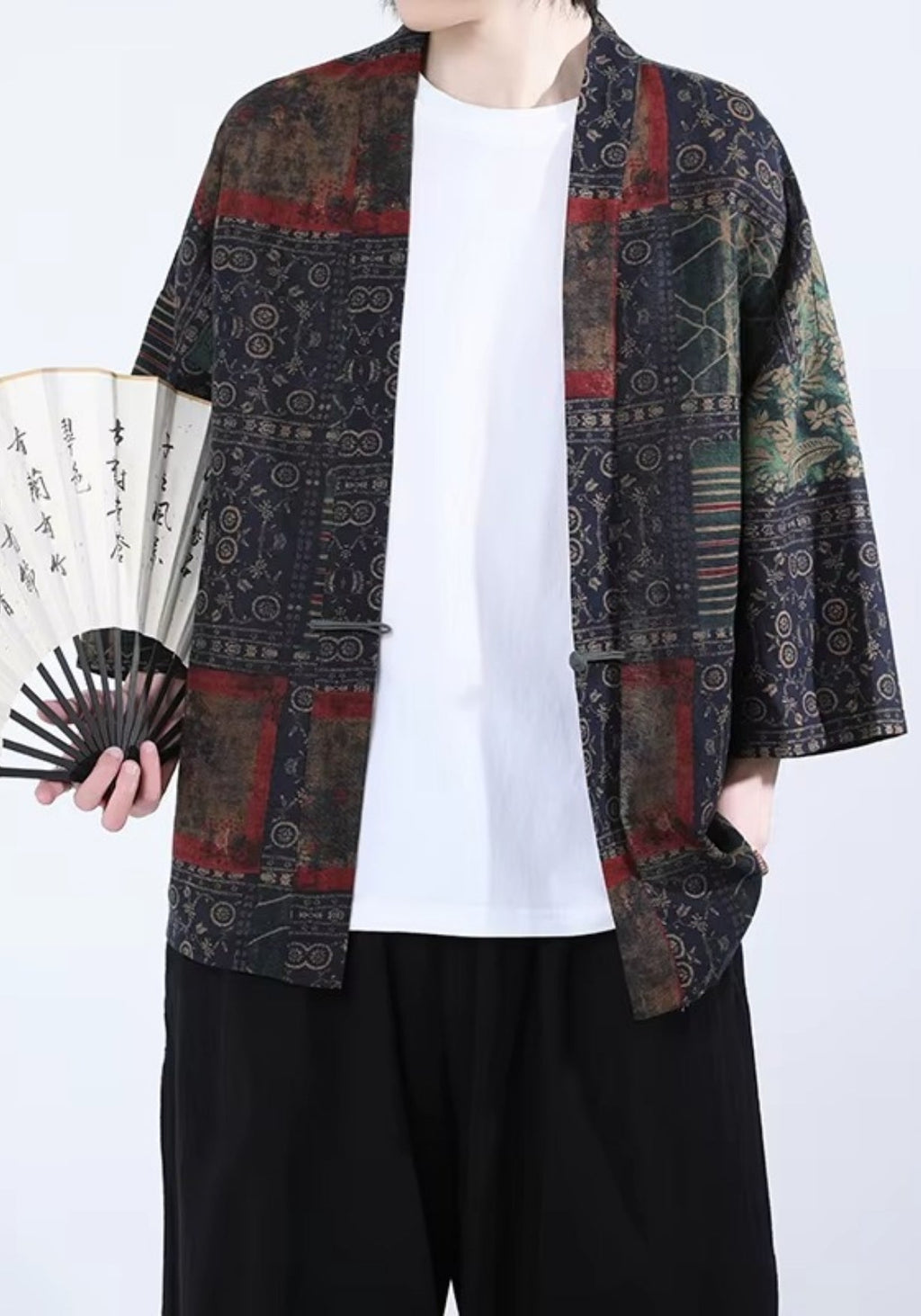 Kimono Unisexe en Coton-Lin | Élégant Kimono Japonais Patchwork à Manches Trois-Quarts 2