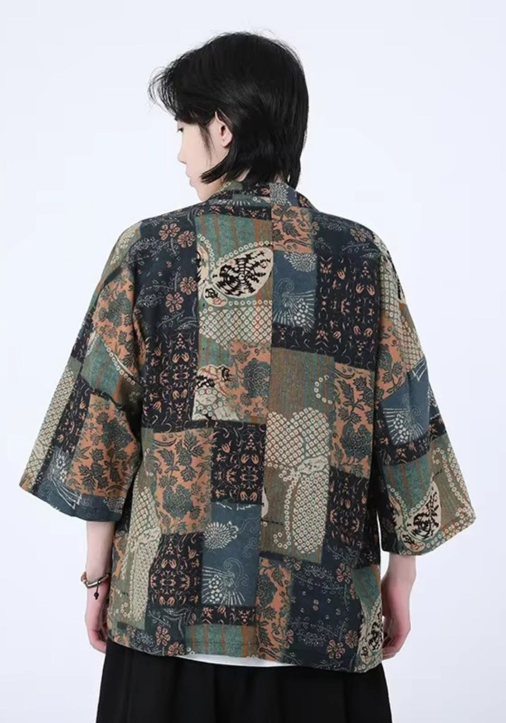 Kimono Unisexe en Coton et Lin | Élégant Kimono Patchwork d'Été avec Manches Trois-Quarts 3