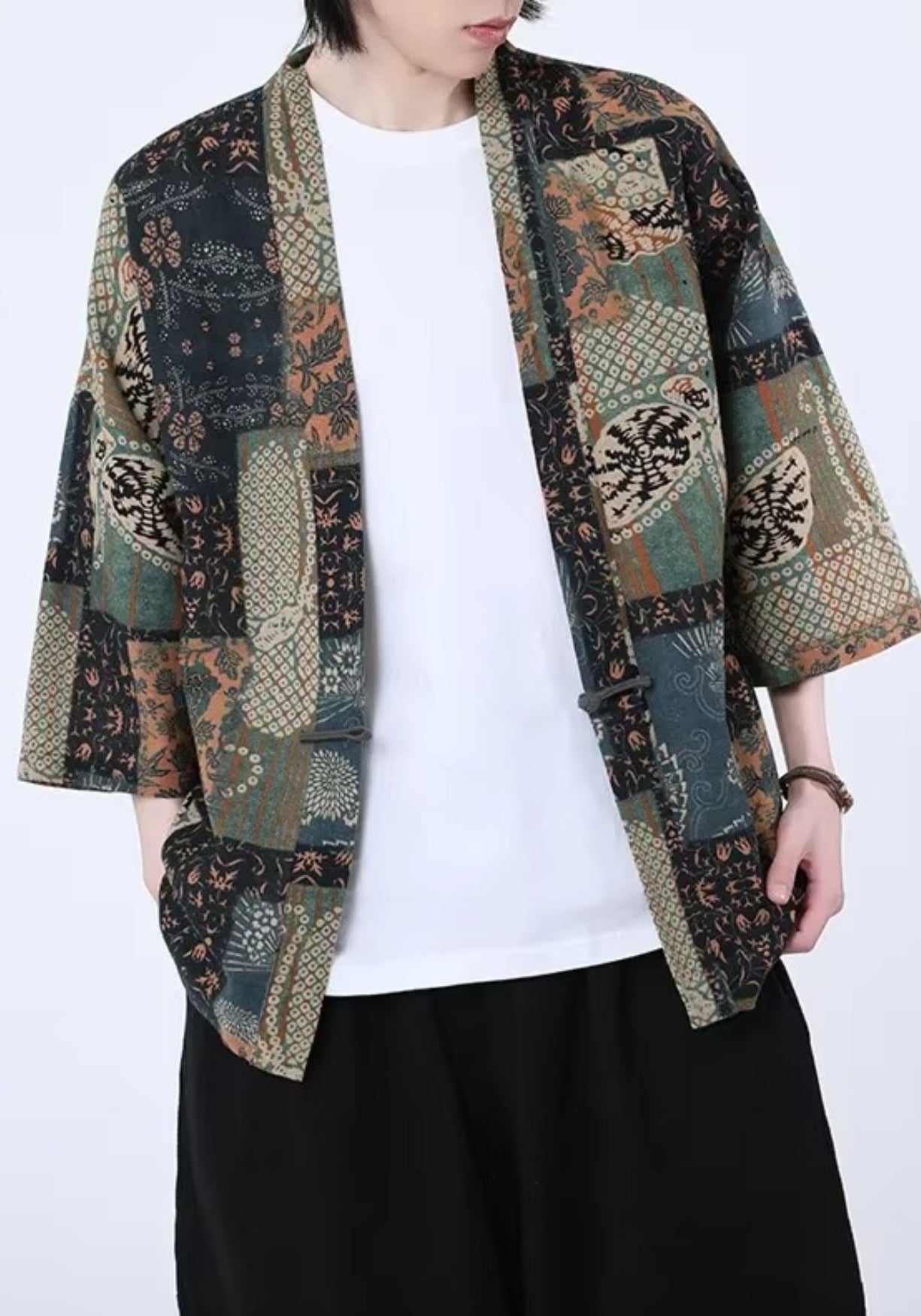 Kimono Unisexe en Coton et Lin | Élégant Patchwork Floral et Géométrique 0
