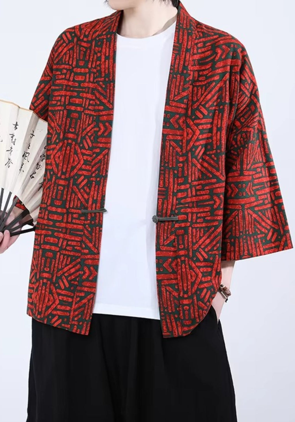 Kimono Unisexe en Coton et Lin | Élégant Patchwork Rouge Vermillon avec Motif Japonais 2