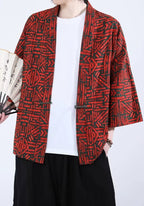 Kimono Unisexe en Coton et Lin | Élégant Patchwork Rouge Vermillon avec Motif Japonais 2