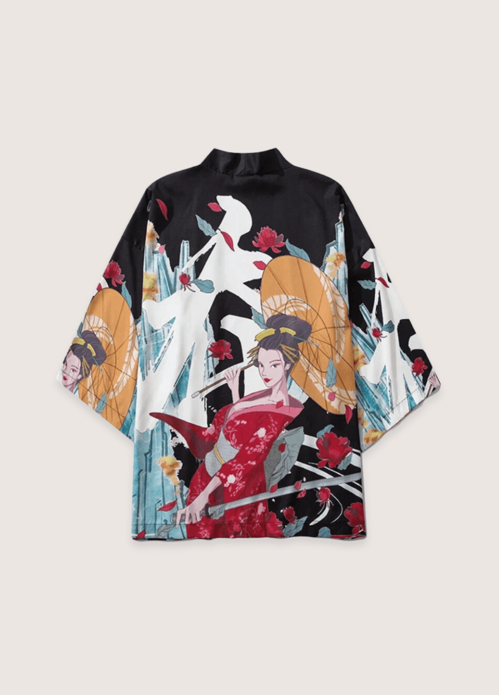 Kimono Unisexe en Polyester | Élégant Motif Japonais avec Geisha et Katana 0