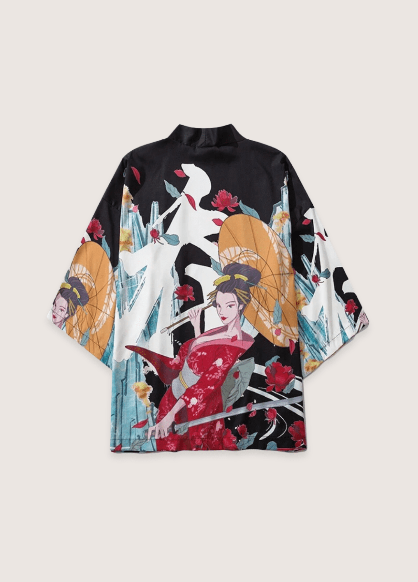 Kimono Unisexe en Polyester | Élégant Motif Japonais avec Geisha et Katana 0