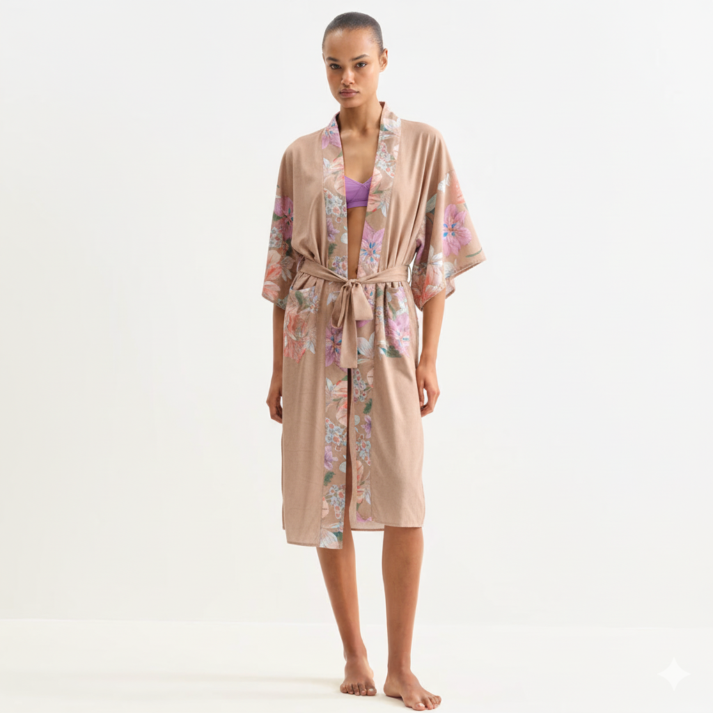 Manteau Femme en Coton Beige | Élégant Kimono Léger Polyvalent 0
