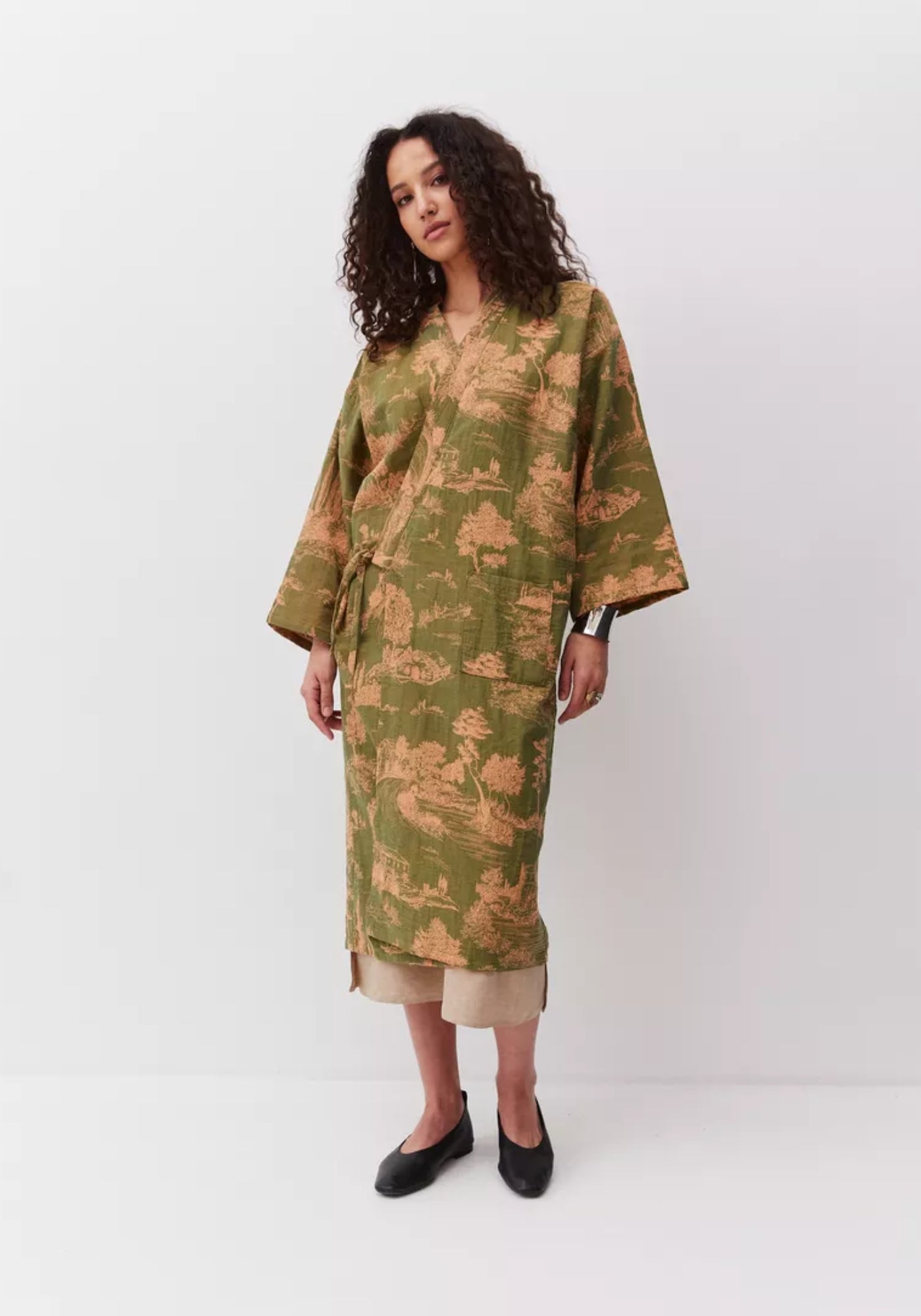 Peignoir Femme 100% Coton Kimono | Élégant Léger Vert Mousse avec Motifs Beiges 0