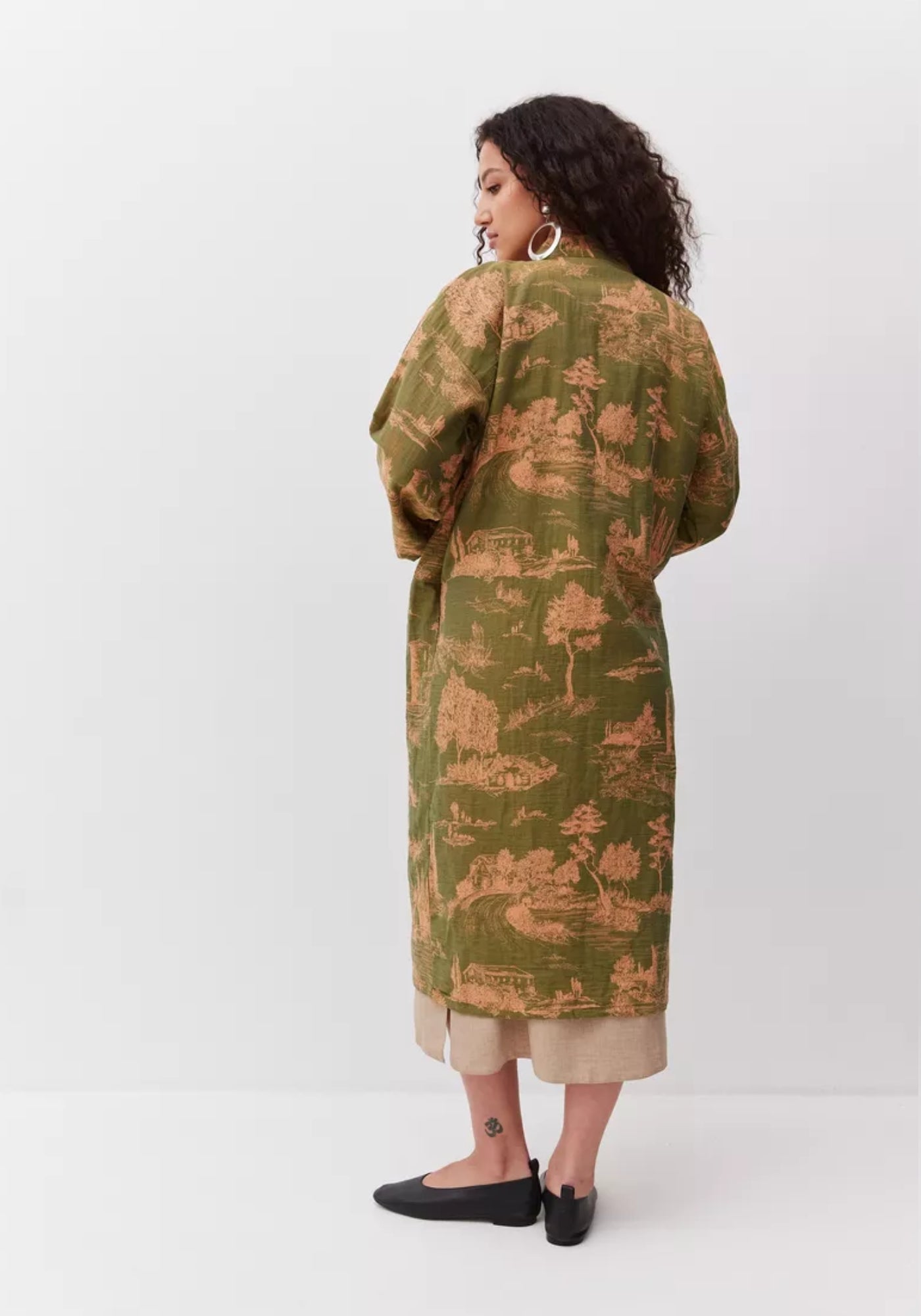 Peignoir Femme 100% Coton Kimono | Élégant Léger Vert Mousse avec Motifs Beiges 1