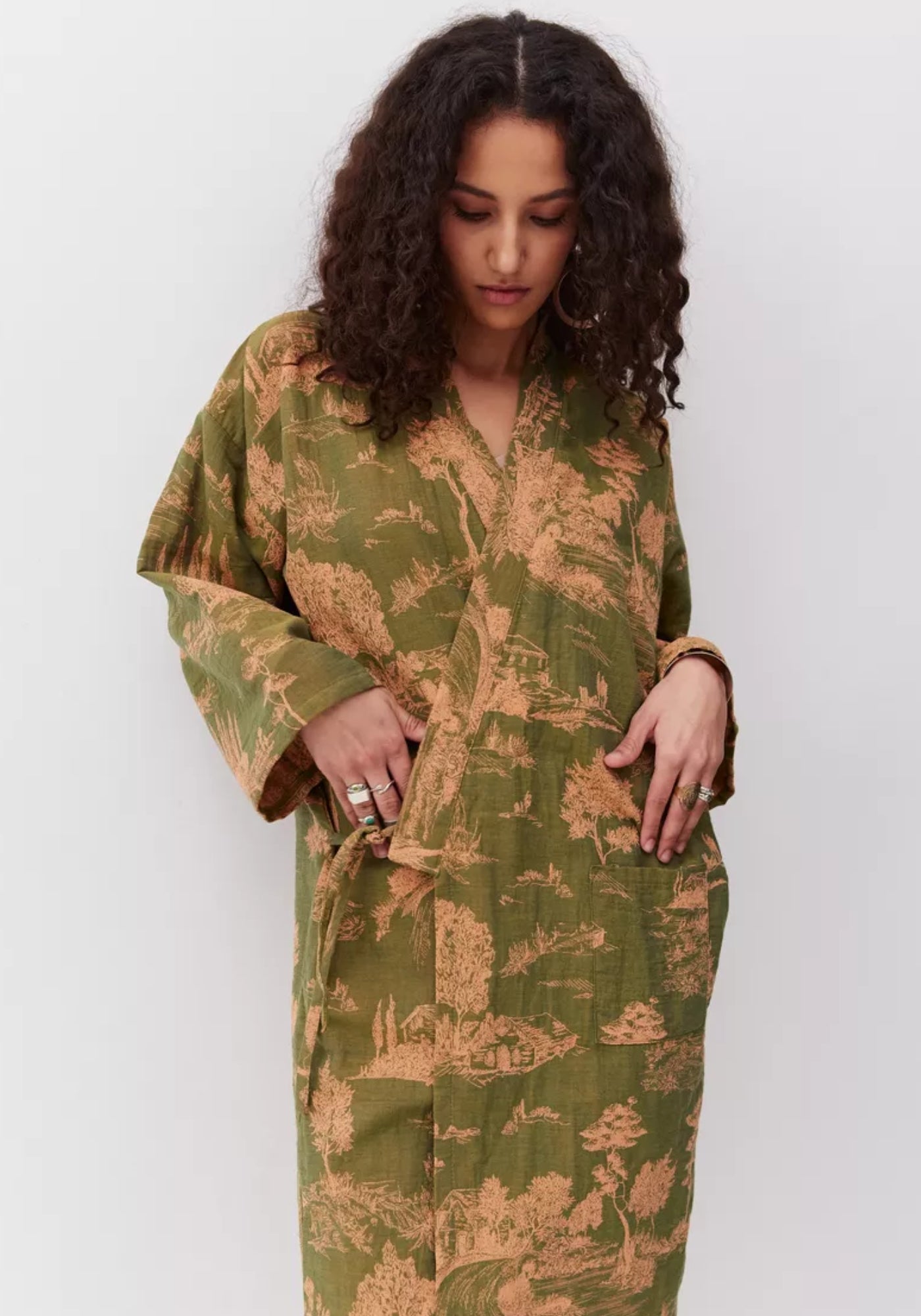 Peignoir Femme 100% Coton Kimono | Élégant Léger Vert Mousse avec Motifs Beiges 3
