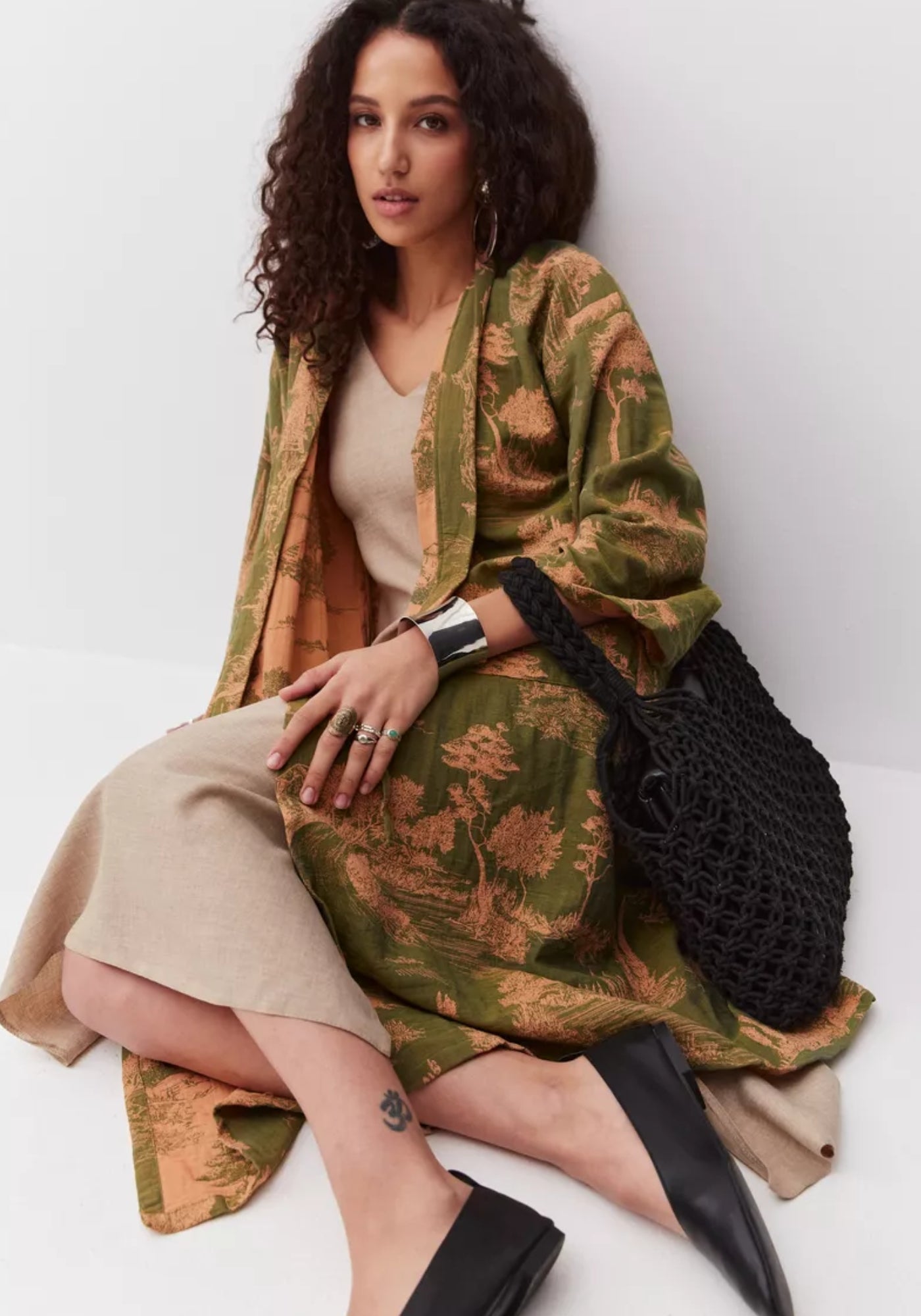 Peignoir Femme 100% Coton Kimono | Élégant Léger Vert Mousse avec Motifs Beiges 4