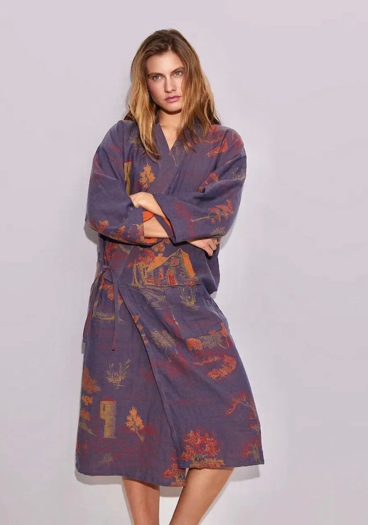 Peignoir Femme 100% Coton | Élégant Kimono Bleu-Gris pour Intérieur et Détente 0