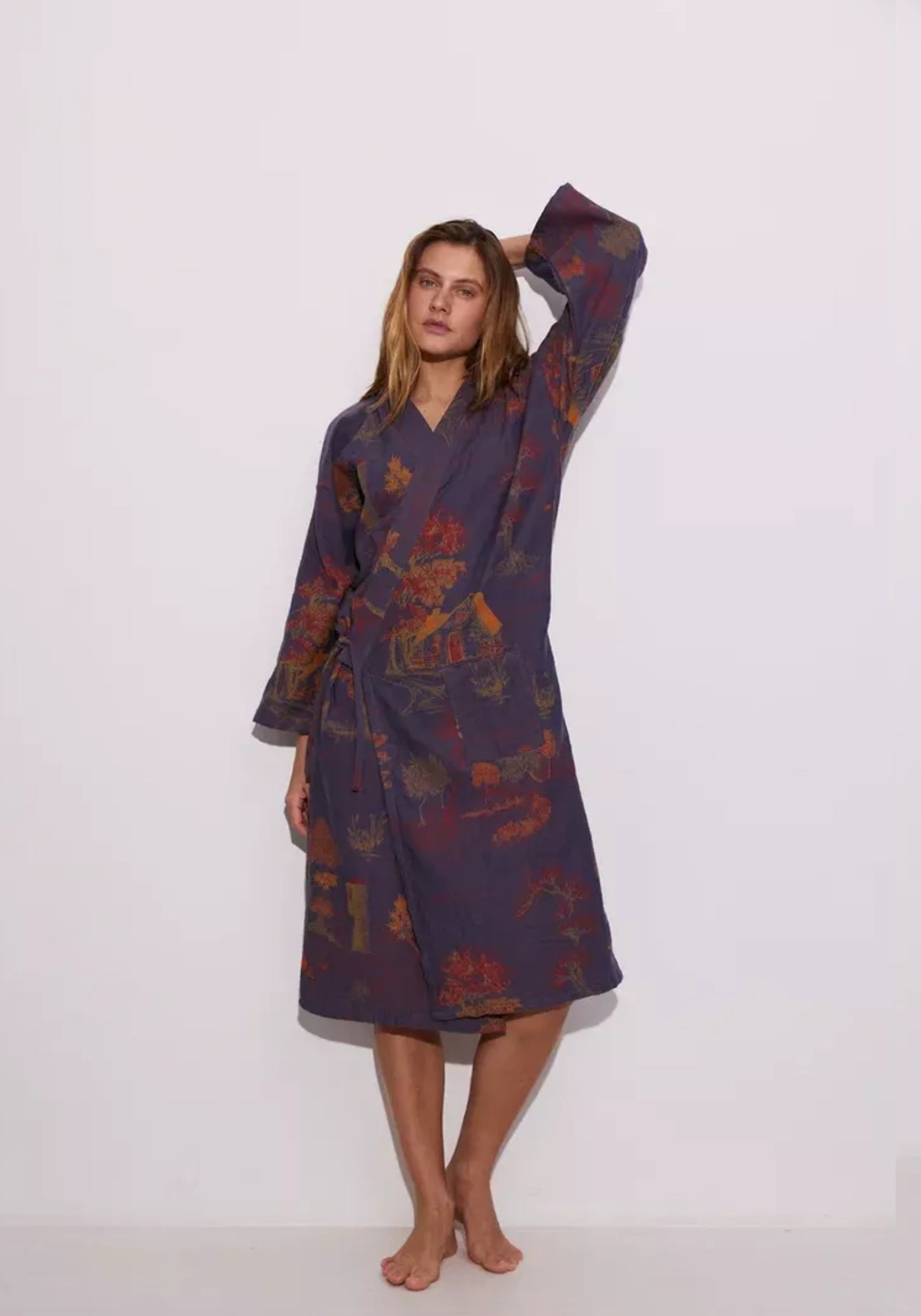 Peignoir Femme 100% Coton | Élégant Kimono Bleu-Gris pour Intérieur et Détente 1