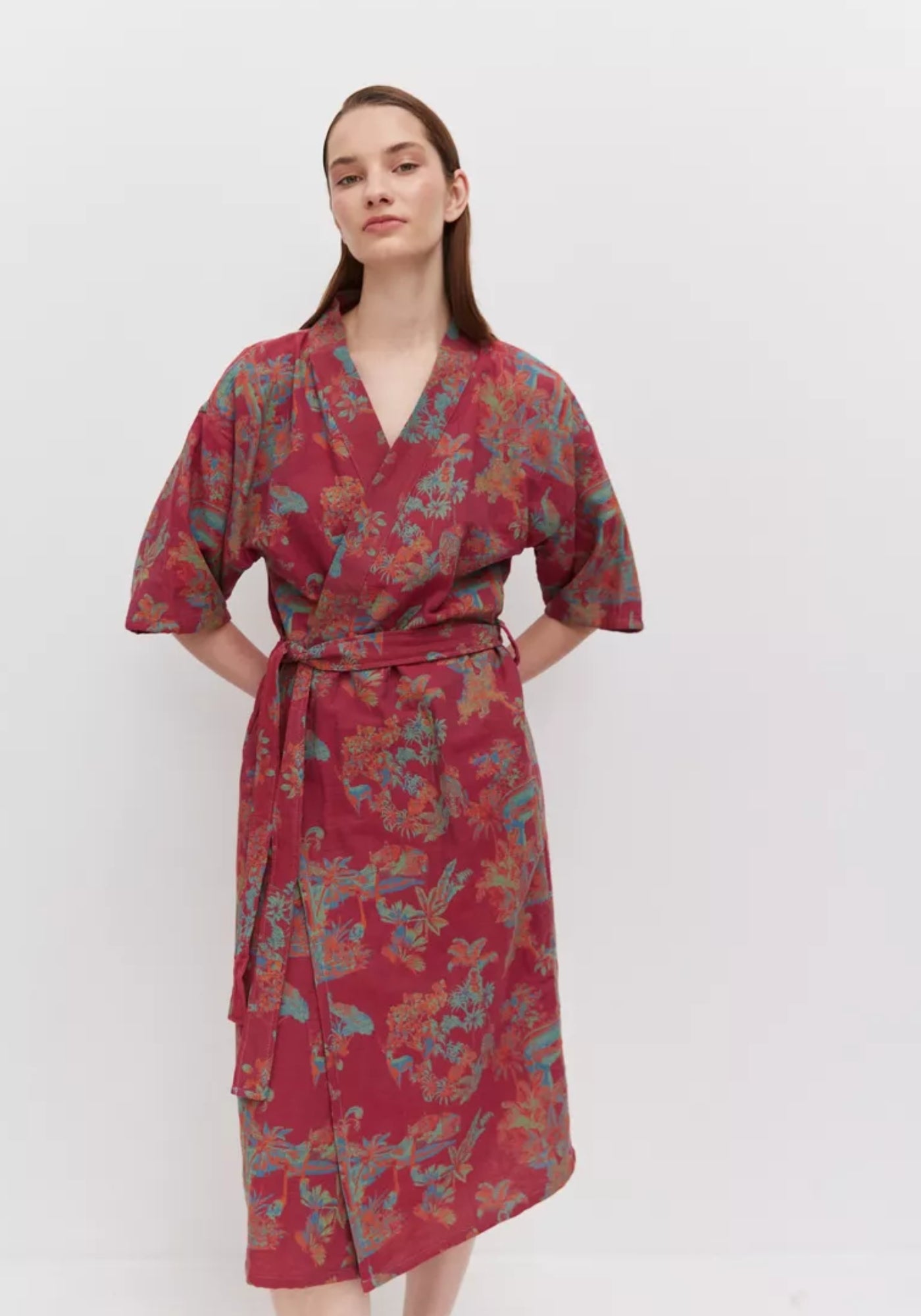 Peignoir Femme Coton Rouge | Élégant Kimono Confortable pour Sortie de Bain 2