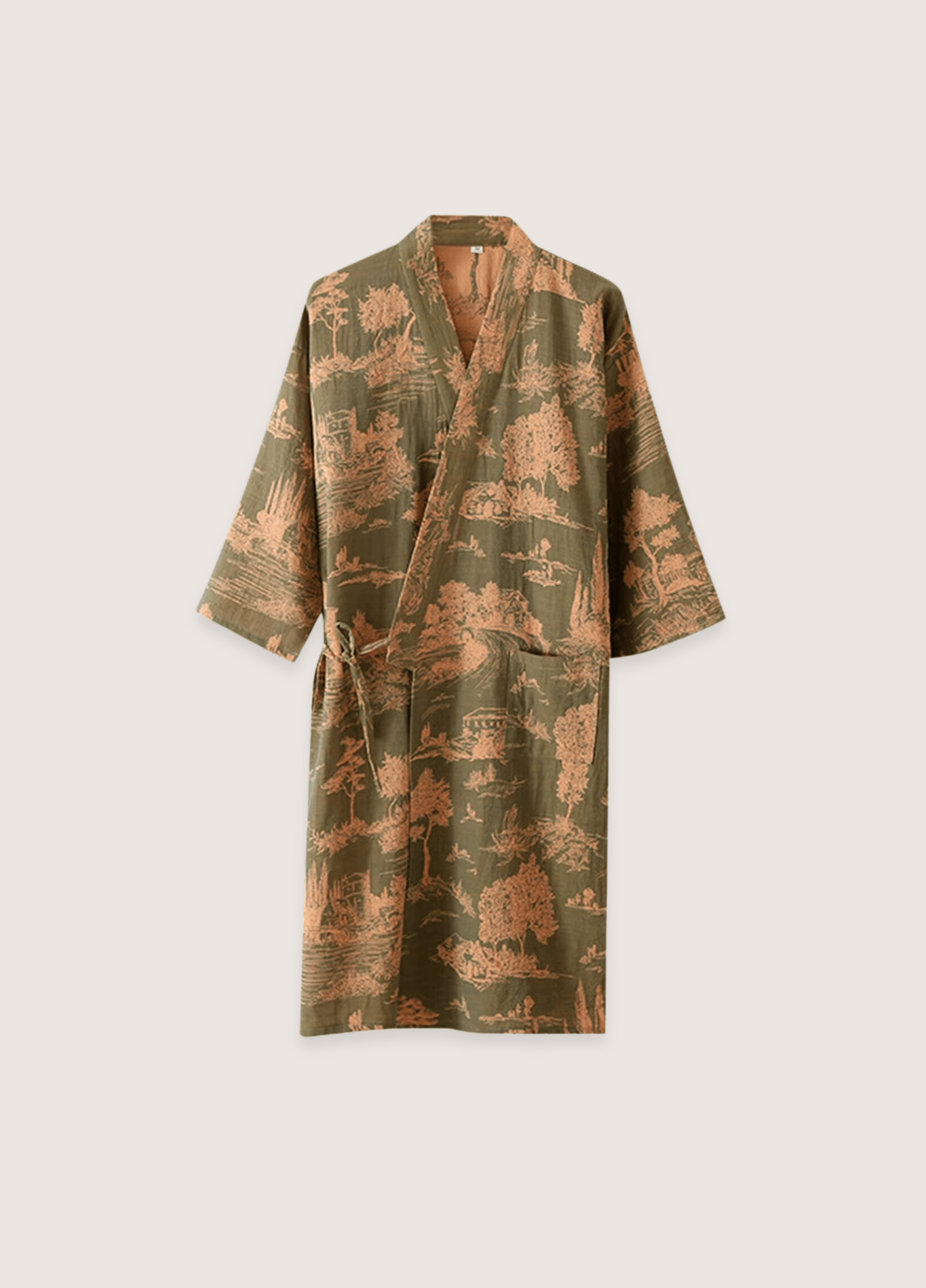 Peignoir Homme 100% Coton | Kimono Vert Olive Élégant | Motif Toile de Jouy 0
