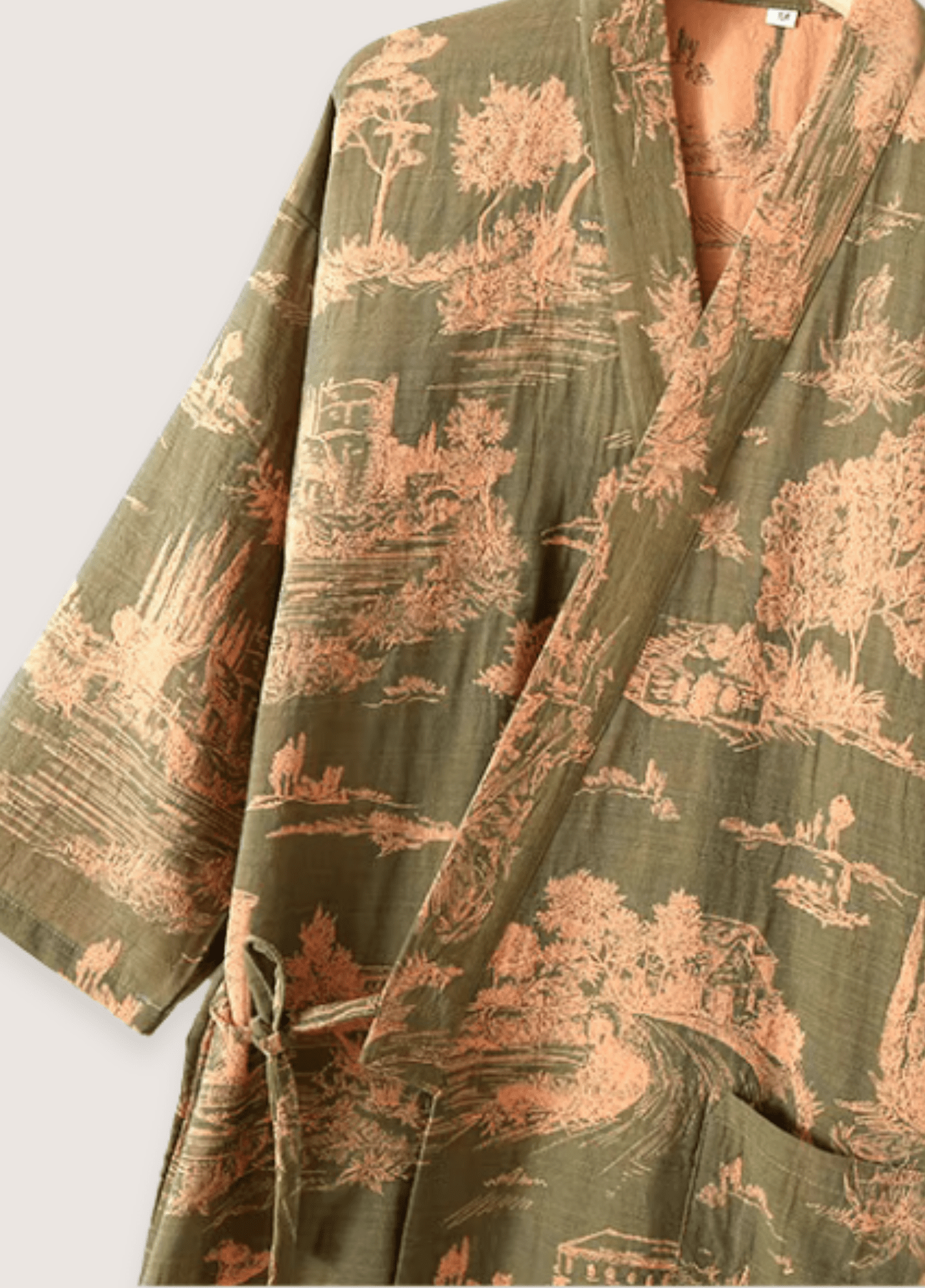 Peignoir Homme 100% Coton | Kimono Vert Olive Élégant | Motif Toile de Jouy 1
