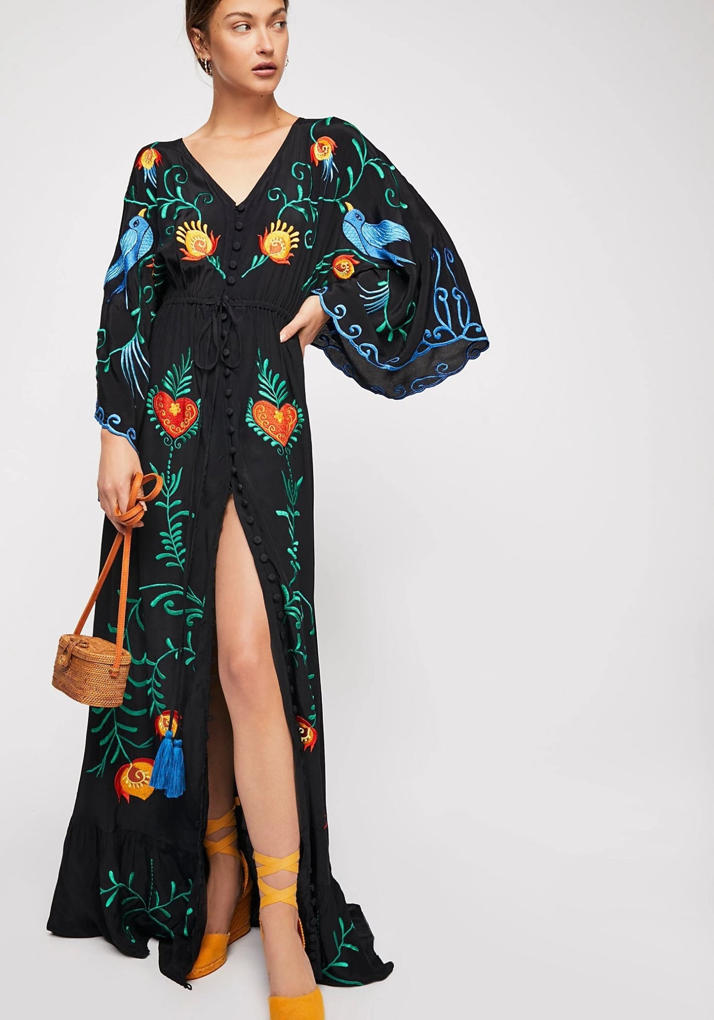 Robe Femme en Coton Noir | Élégante Robe Longue Kimono Bohème 1