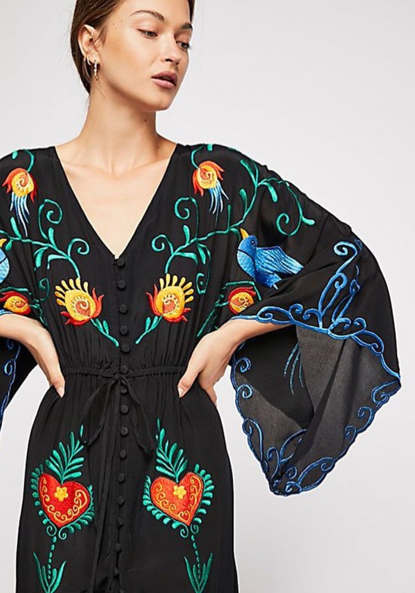 Robe Femme en Coton Noir | Élégante Robe Longue Kimono Bohème 3