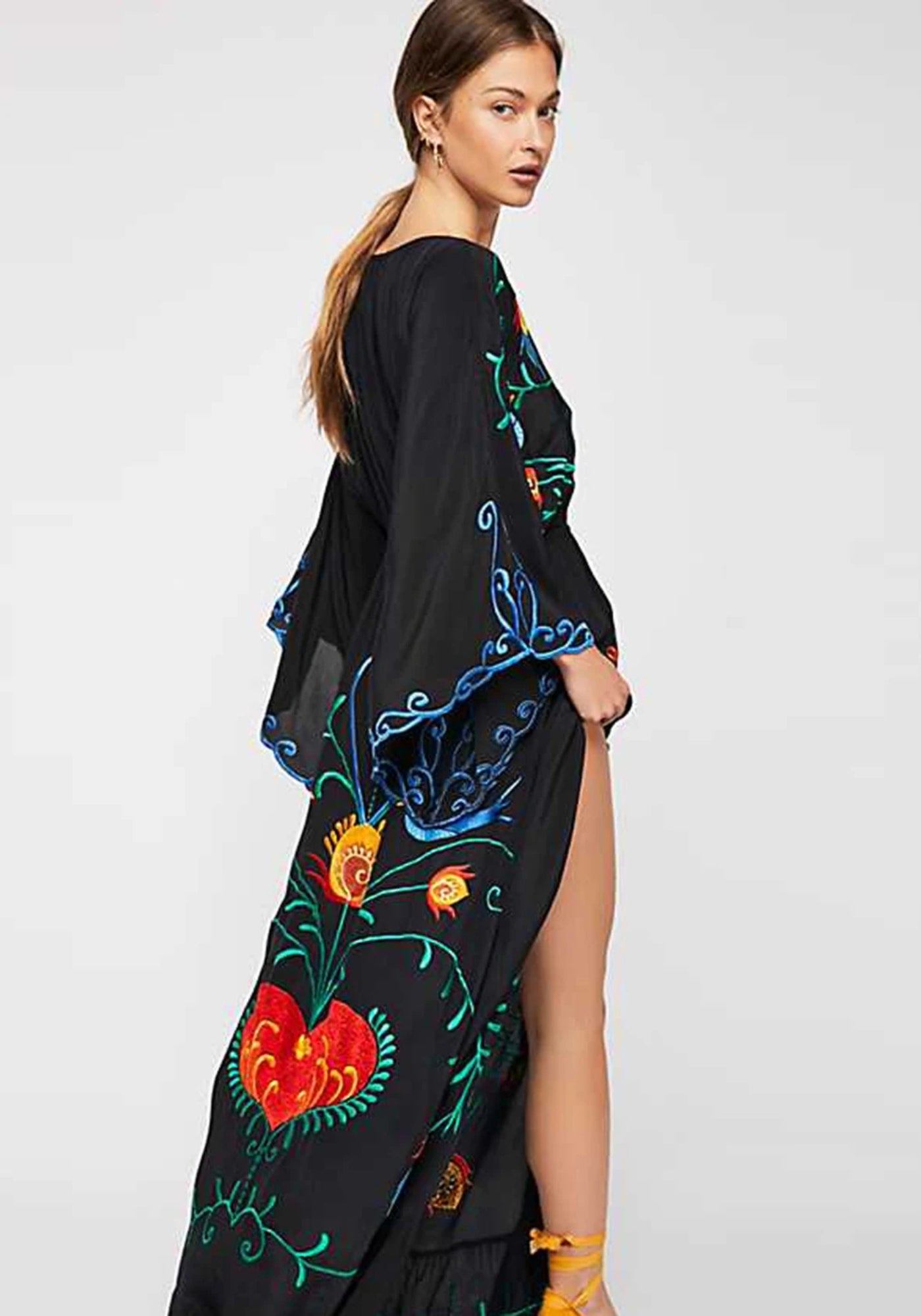 Robe Femme en Coton Noir | Élégante Robe Longue Kimono Chic 2