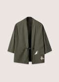 Veste Femme Kimono En Lin | Élégante Veste Décontractée Motif Brodé Grues Cendrées 0