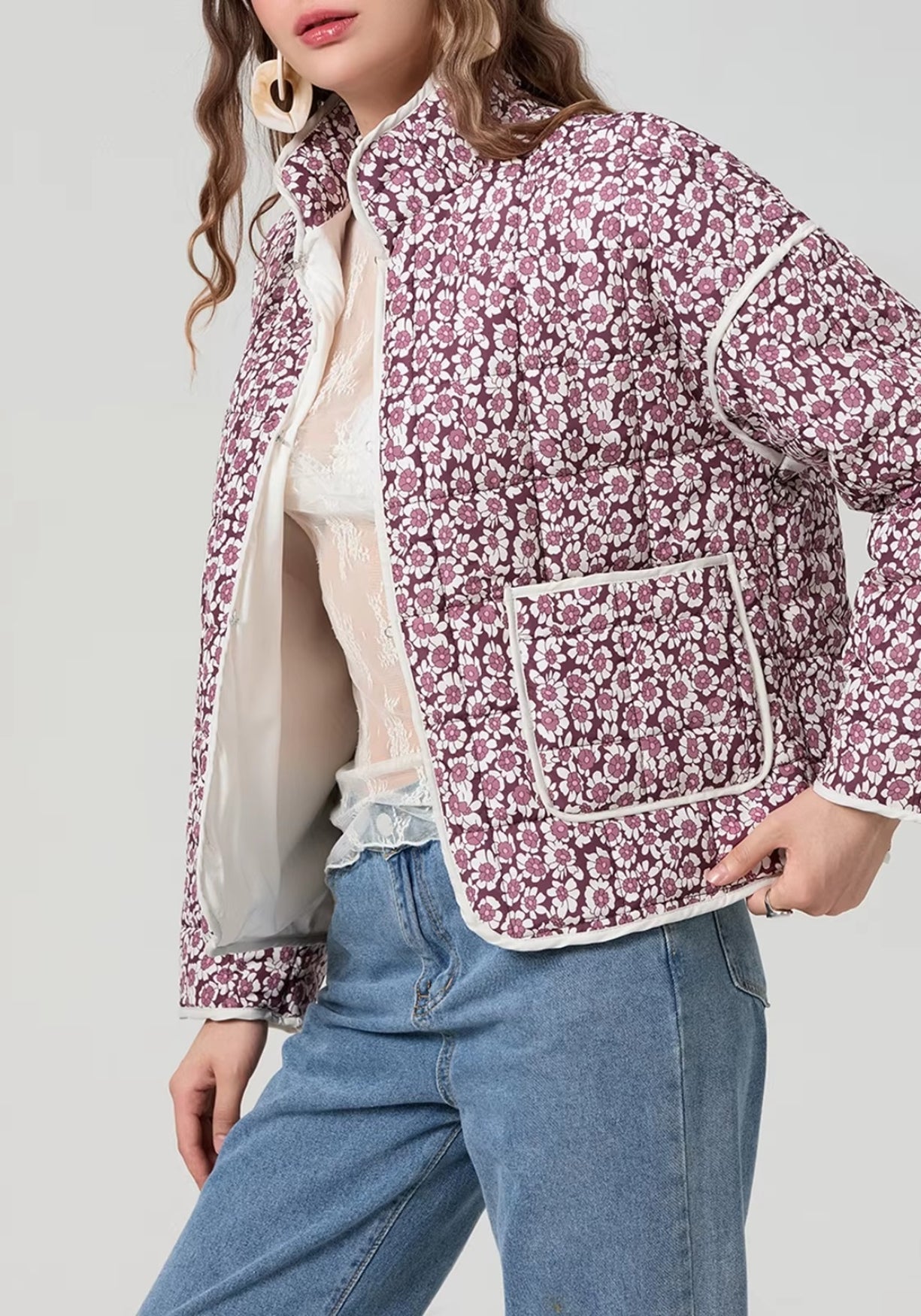 Veste Femme Matelassée Fleurie | Élégante Coupe Ample Printemps Chic 3