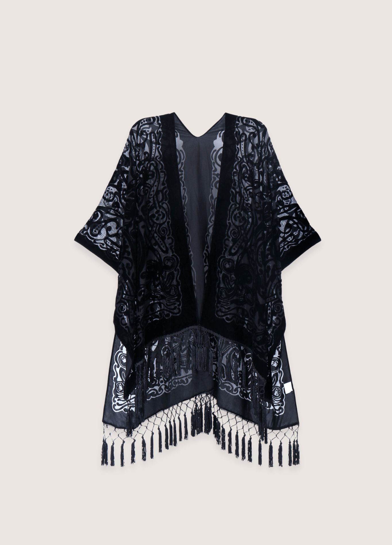 Veste Femme Velours Noir Kimono | Élégante Bohème avec Franges Délicates 0
