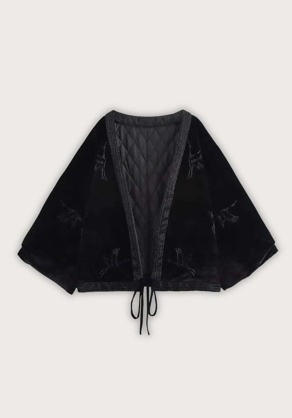 Veste Femme en Velours Noir | Élégante Kimono Matelassée d'Hiver avec Broderie de Grues 0