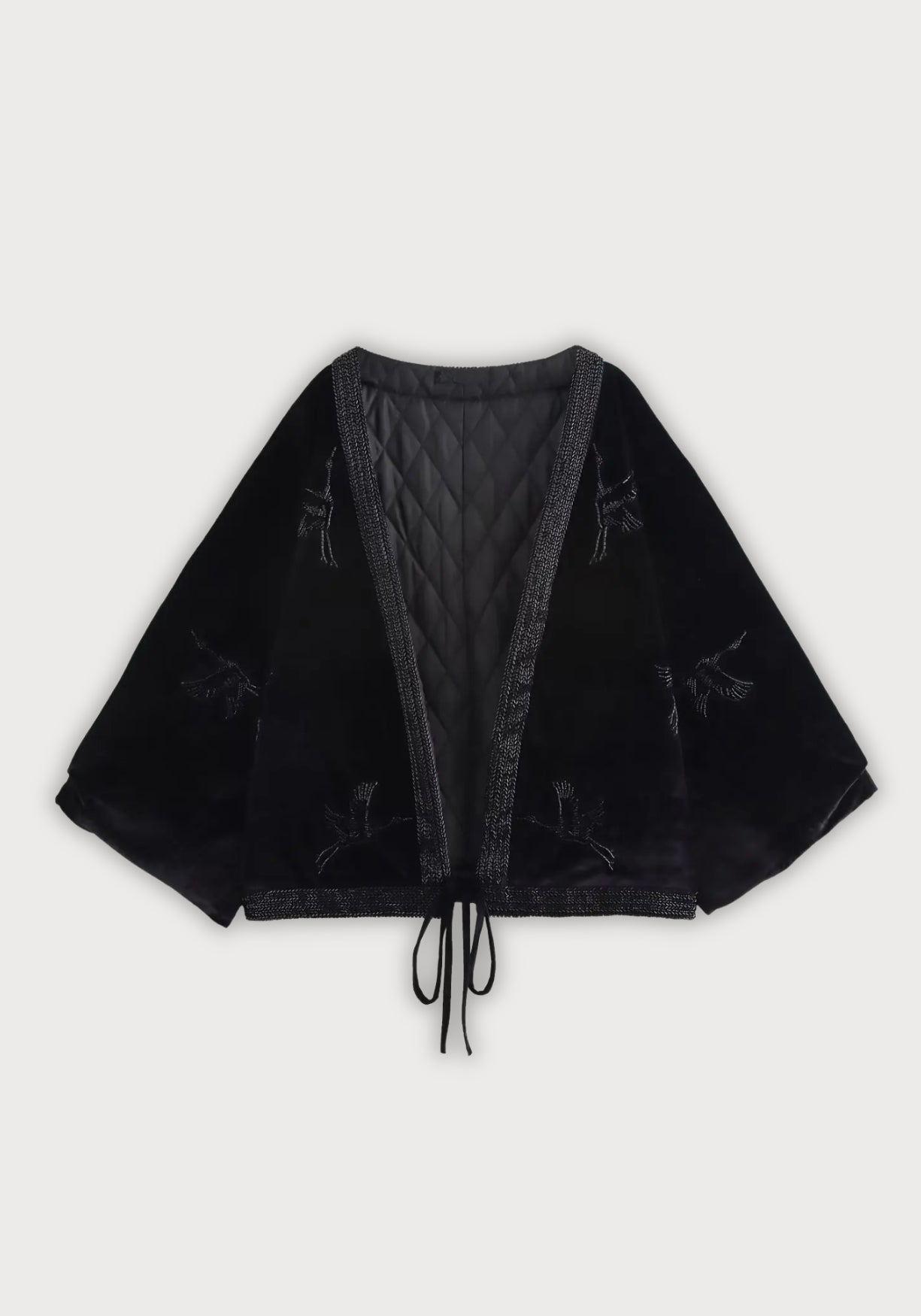 Veste Femme en Velours Noir | Élégante Kimono Matelassée d'Hiver avec Broderie de Grues 0