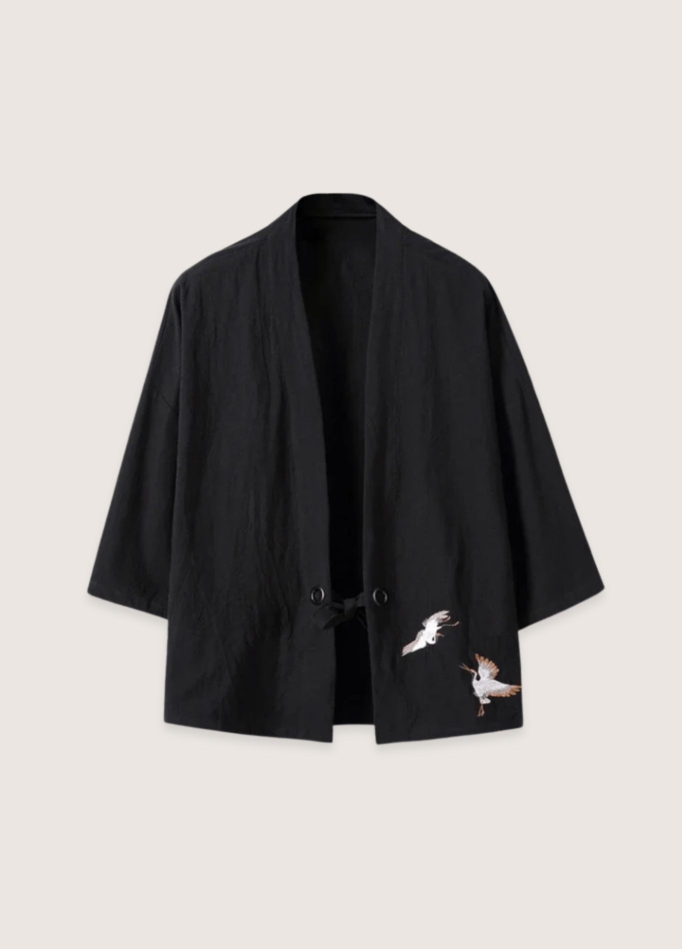 Veste Kimono Femme en Lin Noir | Élégante avec Broderie Tsuru et Manches Amples 0