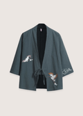Veste Kimono Femme en Lin | Élégante Légère avec Motif Brodé Grues Cendrées 0