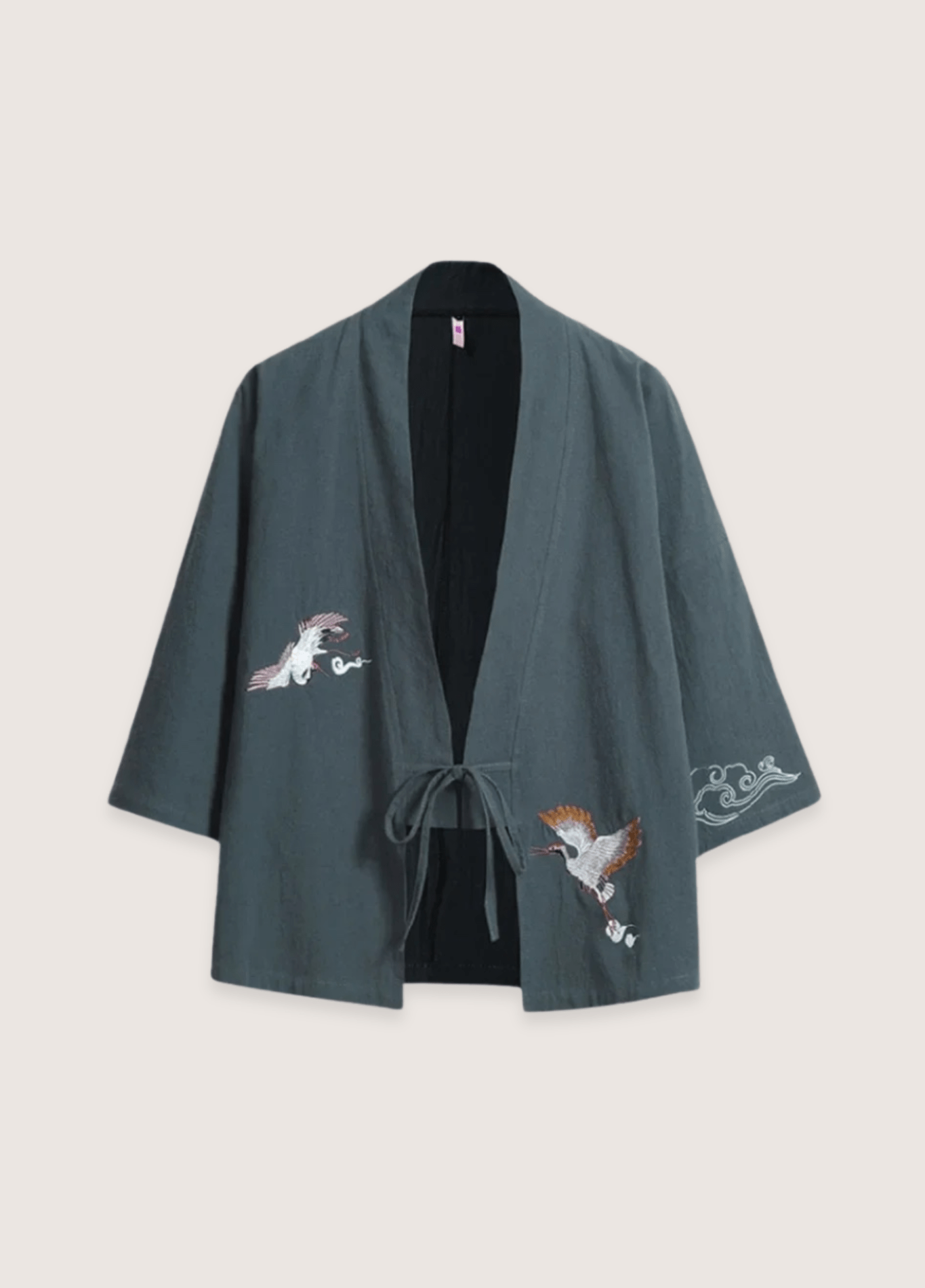 Veste Kimono Femme en Lin | Élégante Légère avec Motif Brodé Grues Cendrées 0