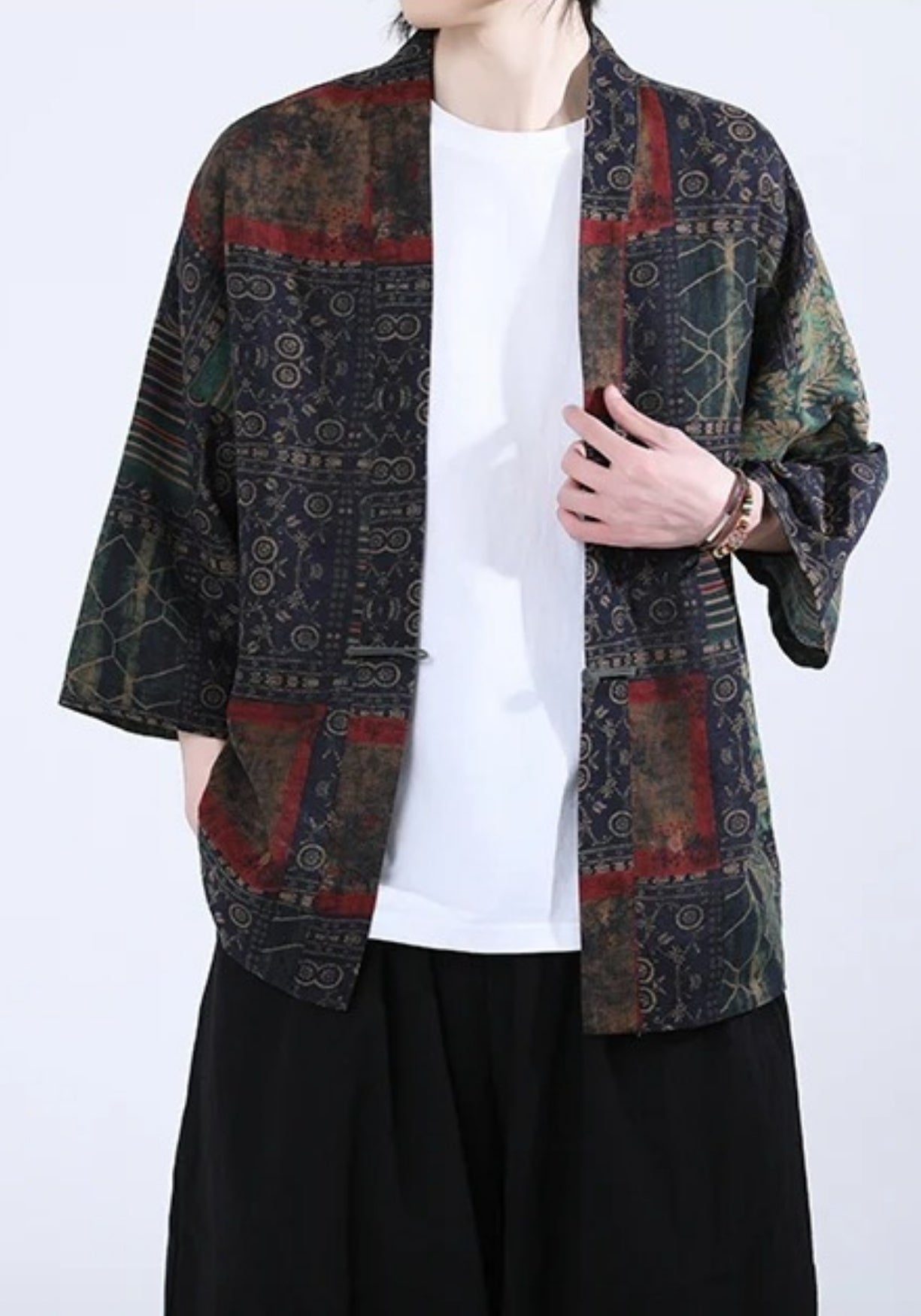 Veste Kimono Unisexe en Coton-Lin | Élégante Coupe Fluide en Patchwork 0