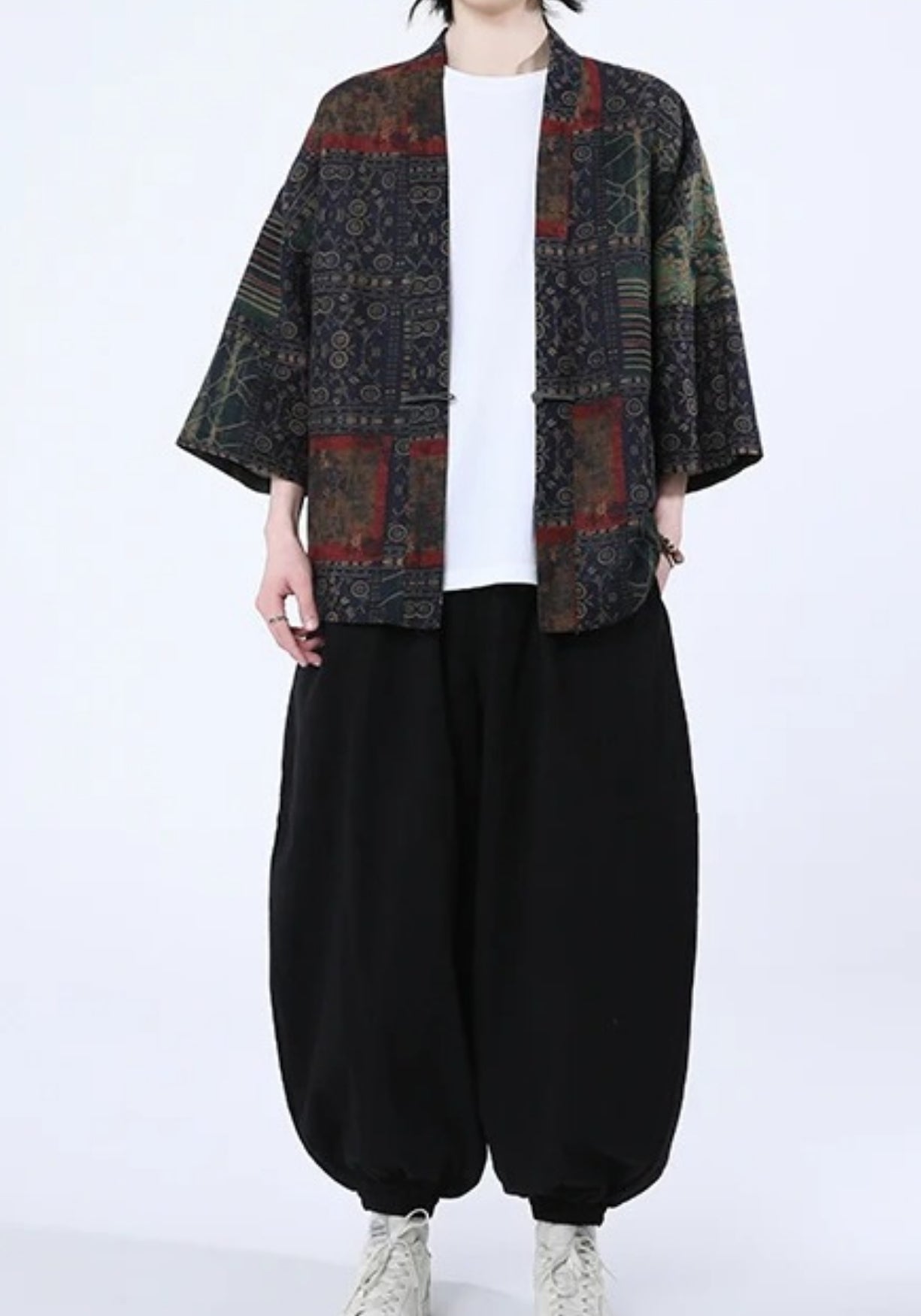 Veste Kimono Unisexe en Coton-Lin | Élégante Coupe Fluide en Patchwork 3