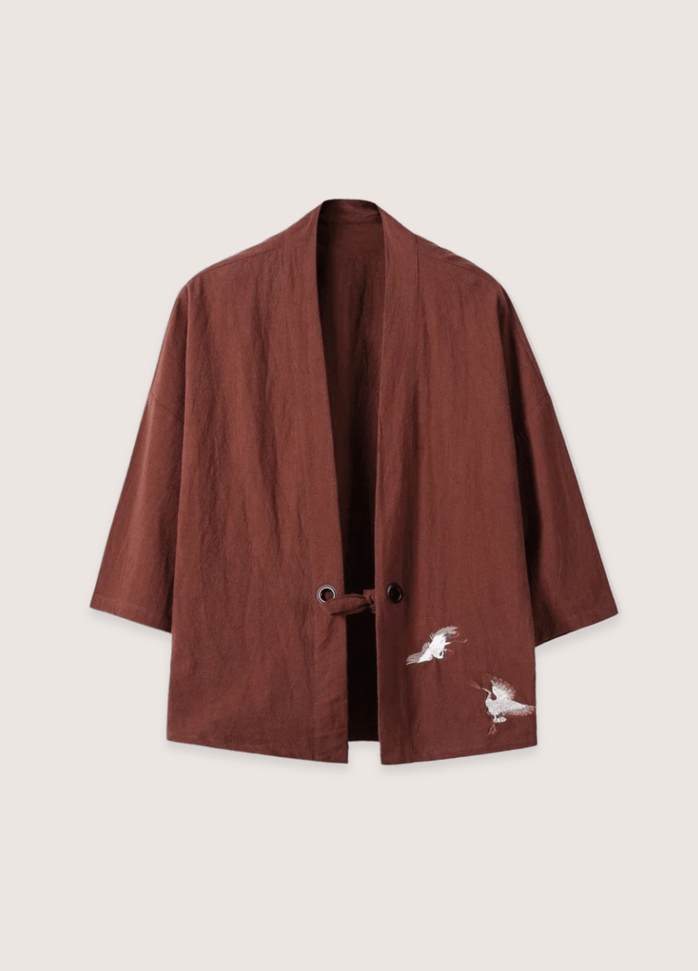 Veste Kimono Unisexe en Lin | Élégant Motif Brodé de Grues | Style Décontracté Mi-Cuisse 0