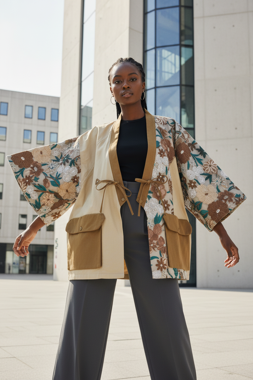 Femme noire en kimono tendance